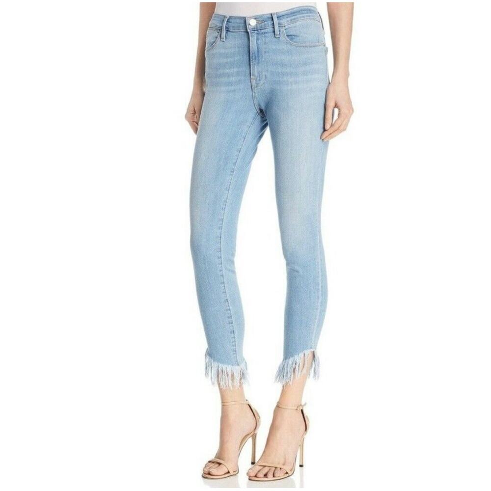 Frame le high skinny light wash denim blue jeans fringe hem